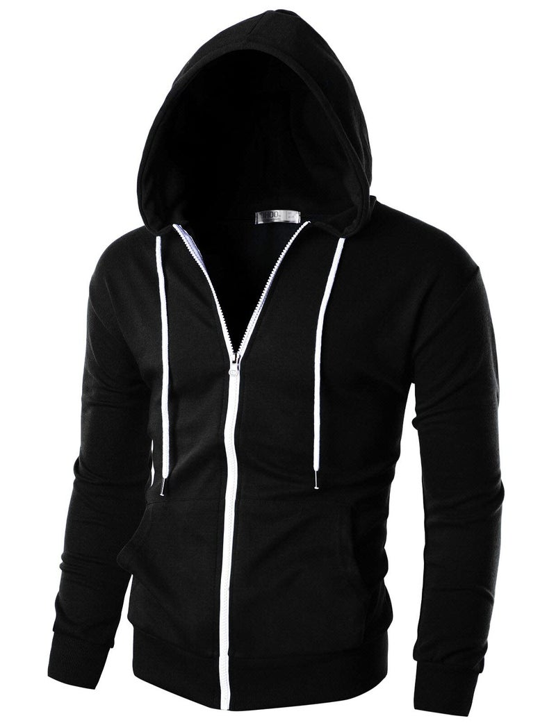 Ohoo Men's Zip Up Hoodie Lightweight Slim Fit Sweatshirt Full Zip Hooded Jacket / DCF002-BLACK-2XL - Image 1